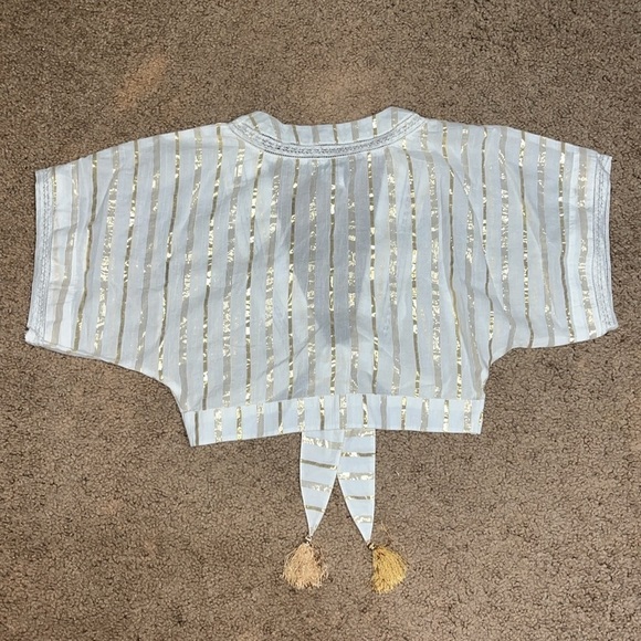 Miguelina Saanchi Cropped Striped Metallic Cotton Gauze Tie Front Tassel Top‎ S - Picture 7 of 11